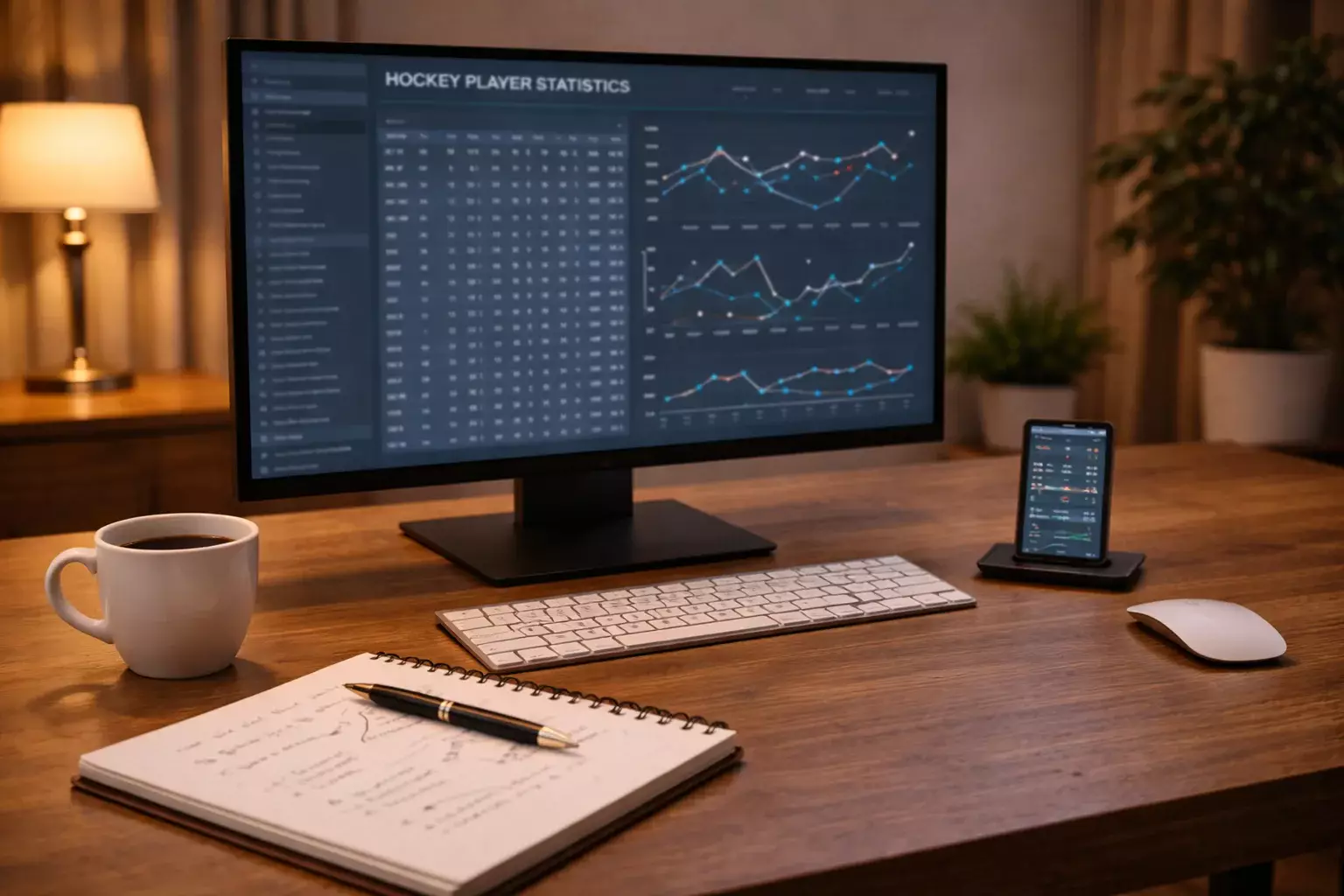 Desktop setup with hockey analytics dashboard and statistics