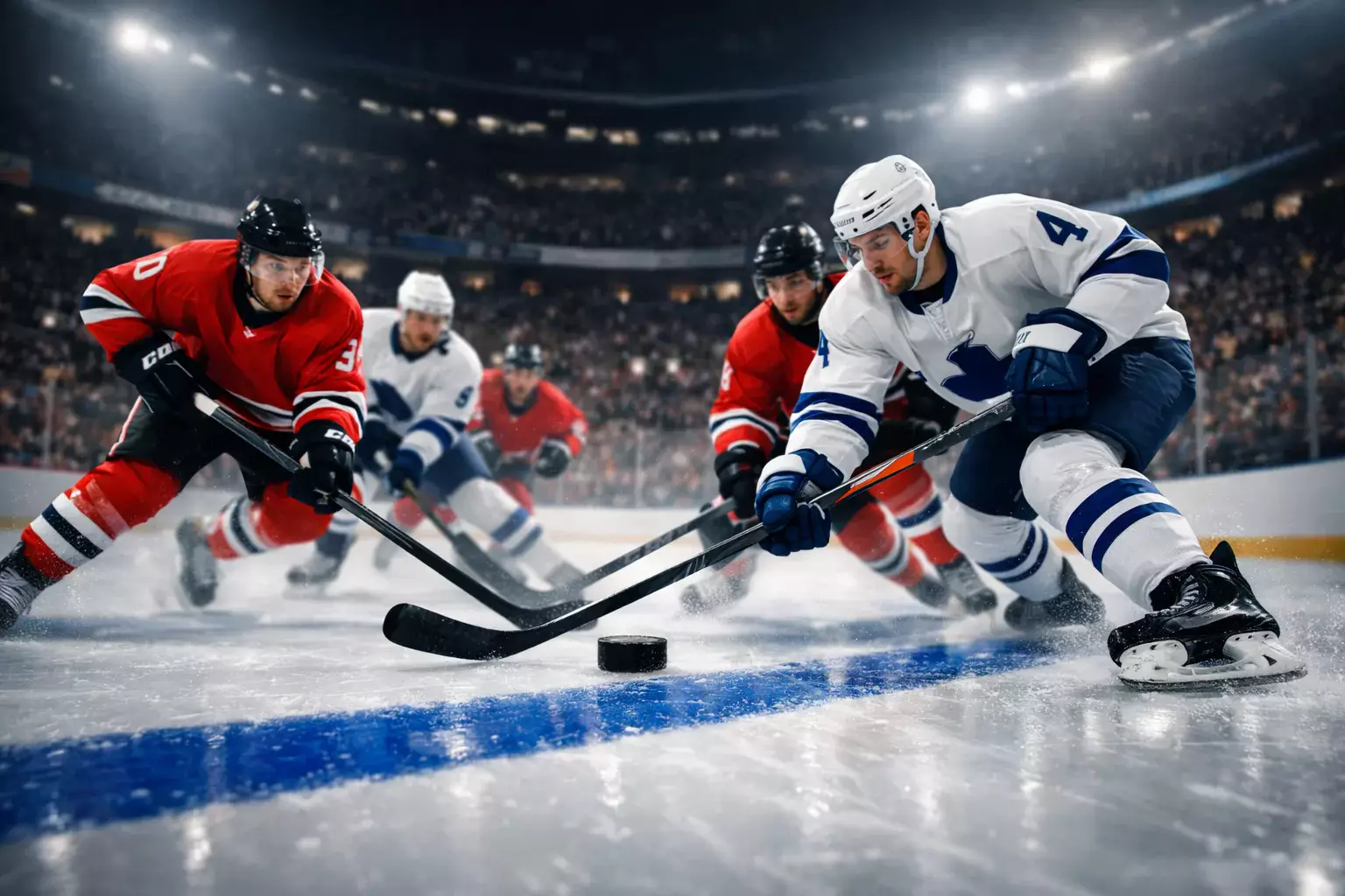 NHL hockey game action with players on ice rink
