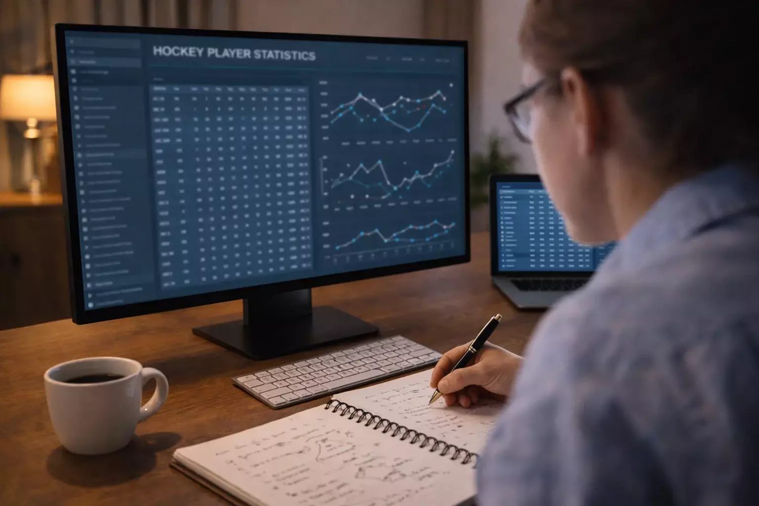 Person studying NHL player statistics on computer monitor