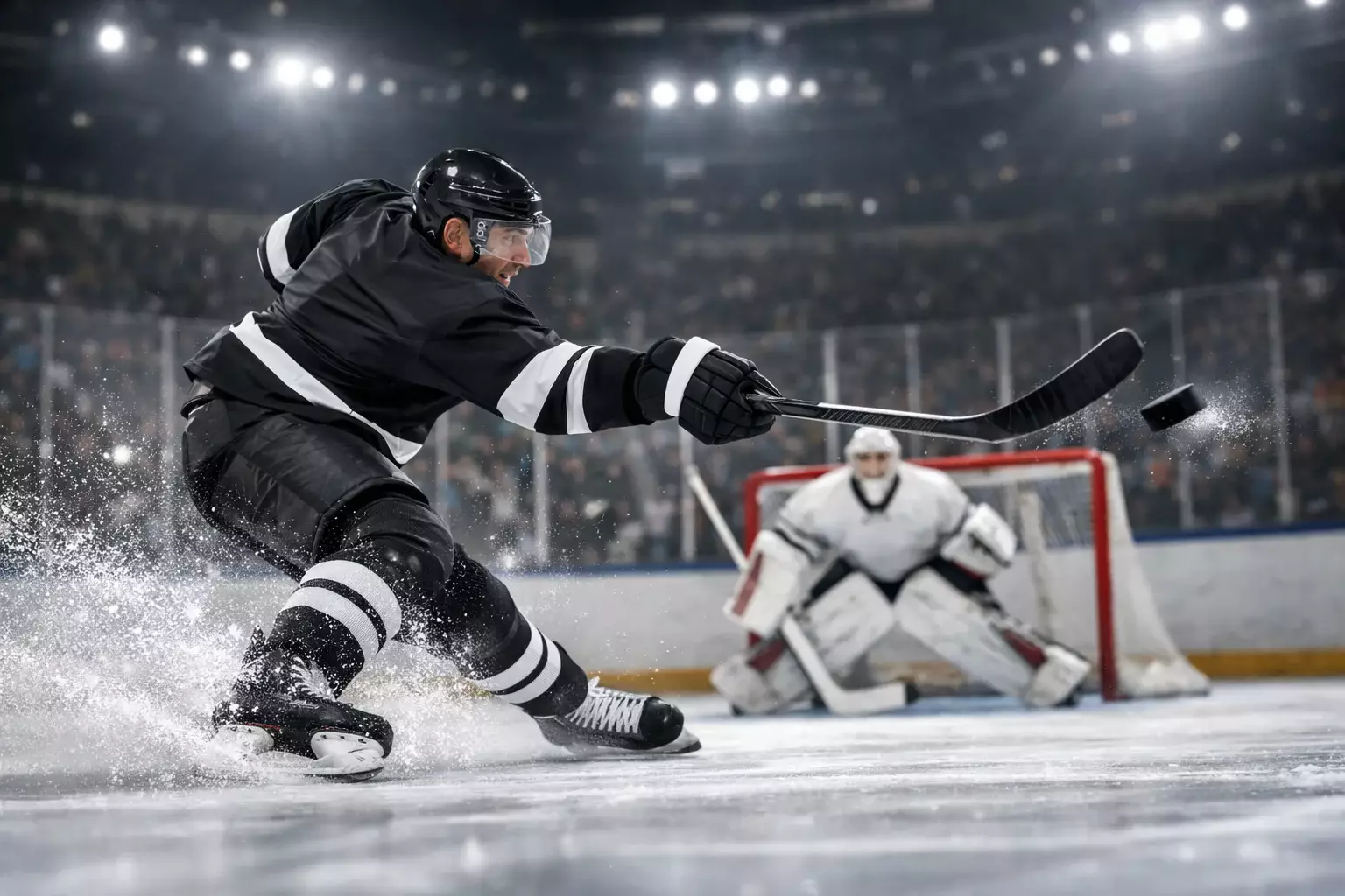 Hockey player taking shot on goal during NHL game