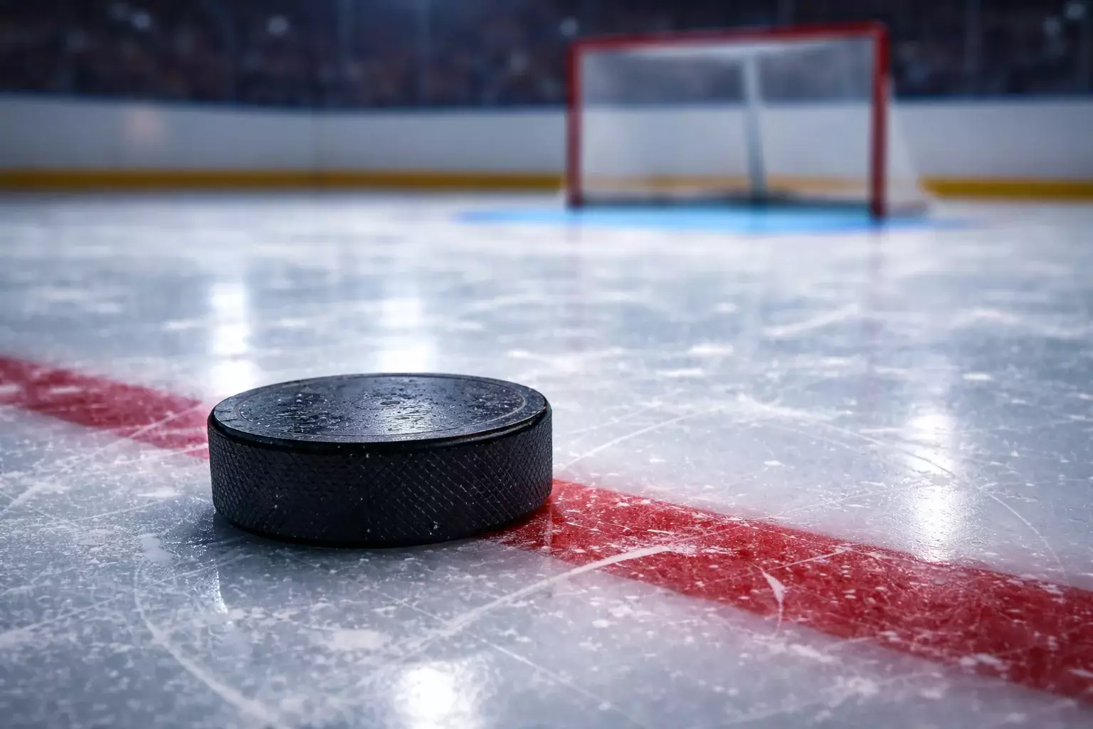 Hockey puck on ice near goal line during NHL game